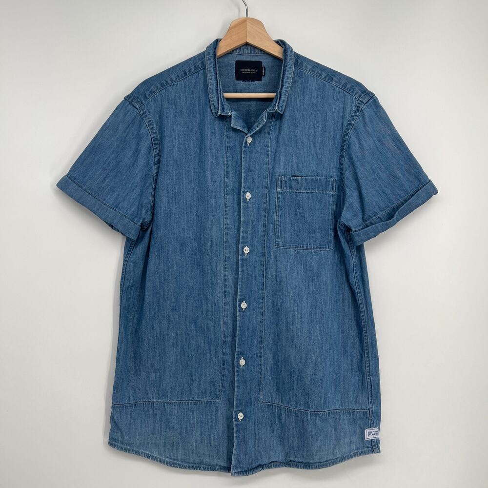 Scotch & Soda Amsterdam Blauw Denim Button Shirt Mens S Short Sleeve Indigo Blue